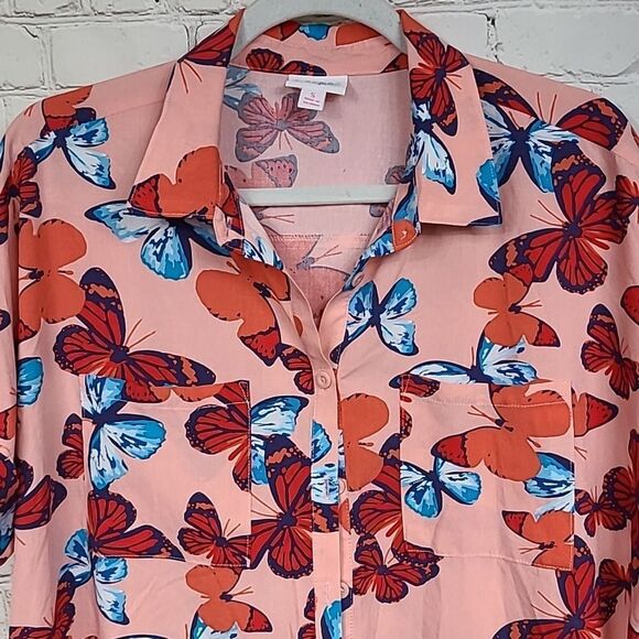 LuLaRoe Amy Butterfly Pink Dolman Sleeve Button Down Shirt Pink Gypsy Blouse - Picture 2 of 10